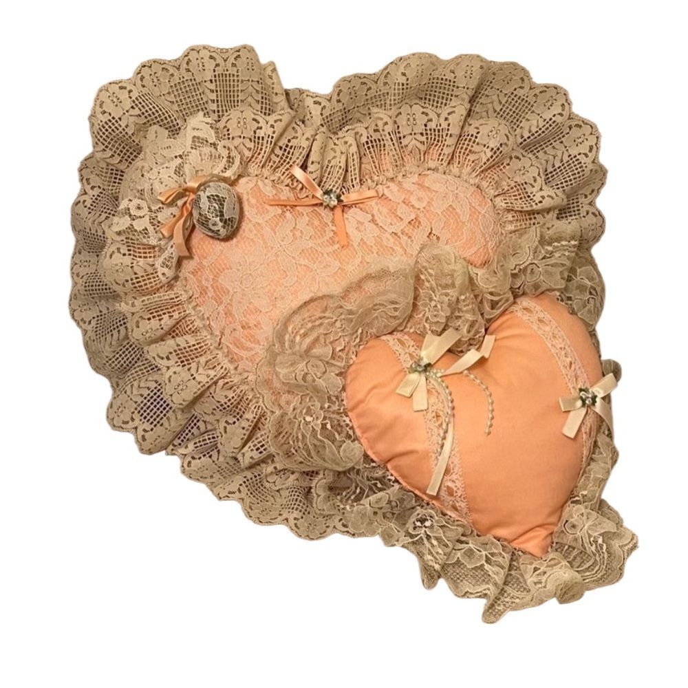 Lace Heart Pillows 2 Vtg Handmade Peach Antique Cream Ruffle Bow Pearl Coquette